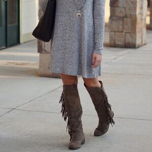 Sugar Fringe Cowboy Boots Vintage Look Over Knee Faux Brown Suede Buckles Sz 8.5
